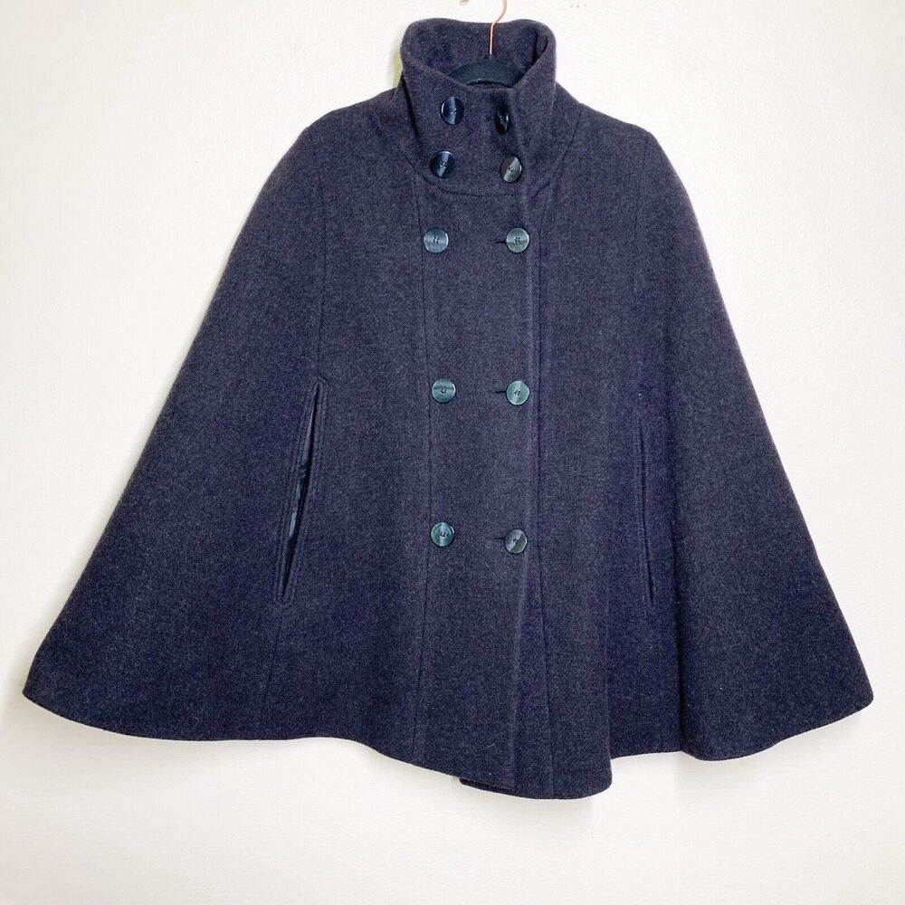 Rani Arabella Cape Coat Jacket M Poncho Gray Wool Blend Pockets High Neck - Picture 2 of 6